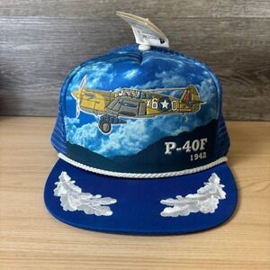Vintage P-40F Jet Hat Cap Snap Back Blue Trucker Plane Fighter Curtis P-40F NWT